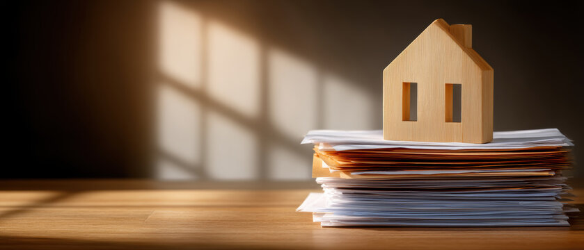 Wooden house model stacked documents representing property planning and mortgage paperwork warm