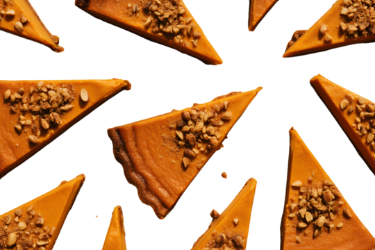 Triangular slices of pumpkin pie with seeds isolated on transparent background