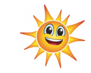 Cartoon sun with smiling face and blue eyes isolated on a transparent background