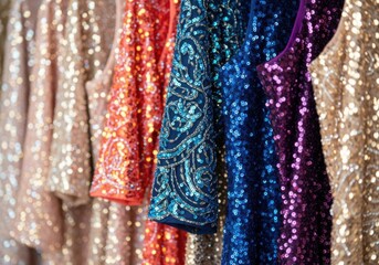 Closeup of a row of colorful sequined fabric, including gold, orange, blue, and purple, shimmering under the light, creating a dazzling and festive texture