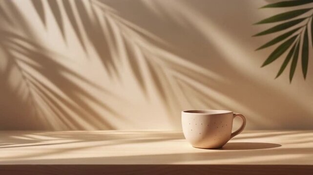 Serene Coffee Cup with Palm Shadows A Peaceful Morning Aesthetic