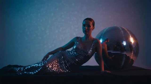 Mysterious woman in a sparkling sequin dress posing next to a large mirror ball during a retro party, illuminated by vibrant blue and pink neon lights reflecting on her gown and the disco ball