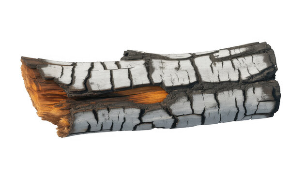 Charred wood log with white ash and orange glow isolated on a transparent background
