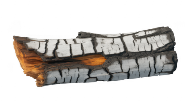 Charred wood log with white ash and orange glow isolated on a transparent background