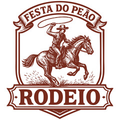 Festa do Pe&atilde;o, Rodeio ilustra&ccedil;&atilde;o de cowboy montado a cavalo la&ccedil;ando boi. Evento sertanejo 
