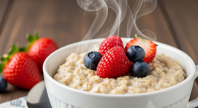 A close up of a bowl of oatmeal topped with fresh berries and steam rising against a wooden background - Powered by Adobe
