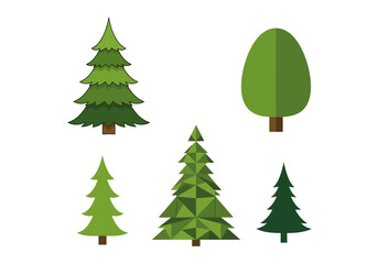 Fototapeta premium Collection of various green tree icons in a modern flat design. Set includes stylized evergreen, pine, and deciduous trees for nature or forest themes