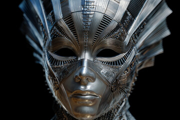 Metallic sculpted mask with engraved patterns