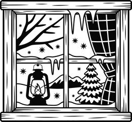 Fototapeta premium A cozy winter window scene, elegantly framed, showcasing a serene snowy landscape with a rustic lantern and frosted trees, evoking feelings of peace and seasonal warmth