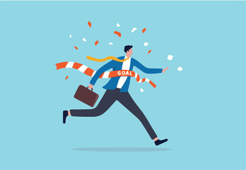 Business winner reaching goal, success celebration, career path or glory to finish working project concept, joyful smart businessman worker running reaching goal at the finishing line as first winner