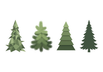 Diverse Illustrations of Evergreen Trees in Various Styles Geometric, Blurred, and Solid Designs