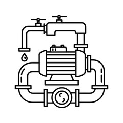 Outline icon of a water pump station with connected pipes and valves