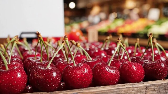 Fresh, vibrant cherries displayed in a market setting, surrounded by colorful fruits and shoppers in the background