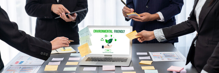 Analyst team use sticky note for creative and analytic brainstorm for business idea with BI data dashboard on laptop screen. Analysis financial data visualization tech for marketing strategy. Prodigy