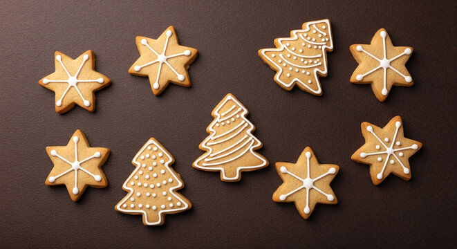 Festive christmas gingerbread cookies in star and tree shapes arranged on a dark background - Powered by Adobe