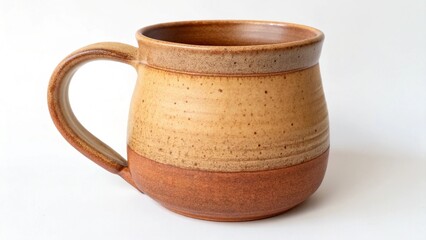 Photo of rustic handmade ceramic coffee mug with a twotone earthy glaze, perfect for hot beverages, isolated on white background
