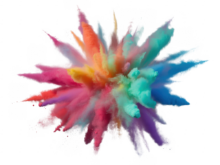 Colorful powder explosion with pink blue green orange yellow and purple dust isolated on a transparent background