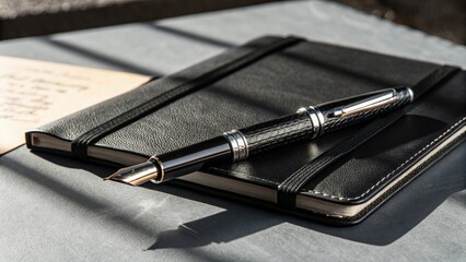 Photo of an elegant black fountain pen rests on a sleek, textured black notebook, symbolizing writing, education, and personal reflection, under soft, natural light
