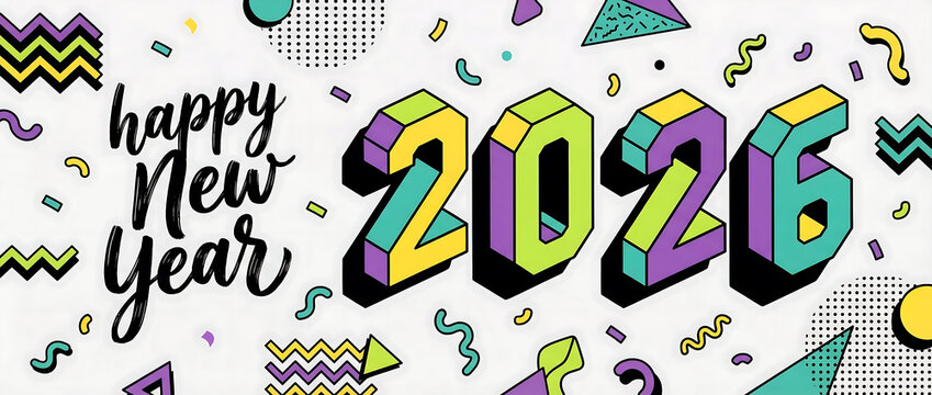 happy new year 2026 text design with modern calligraphy and abstract geometric background style. Creative Greeting card banner for 2026 colorful block numbers. Latest isometric Vector illustration.