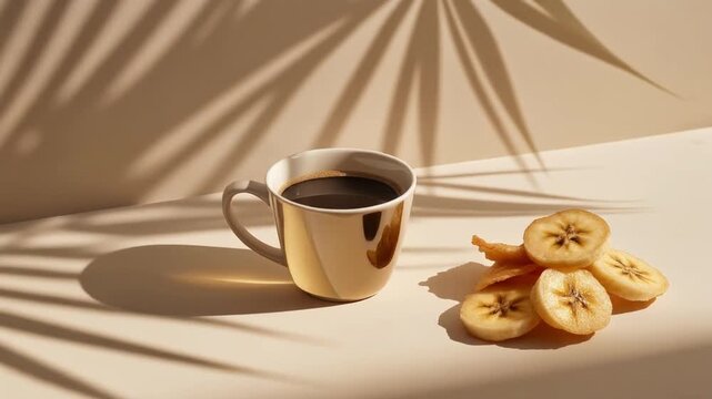 Coffee Cup and Banana Chips A Delightful Blend of Flavors and Textures in a Warm Setting