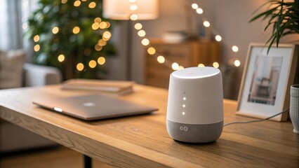 Photo of smart speaker on a wooden desk with a laptop, blurred festive lights and home decor, symbolizing modern smart home technology and a connected home
