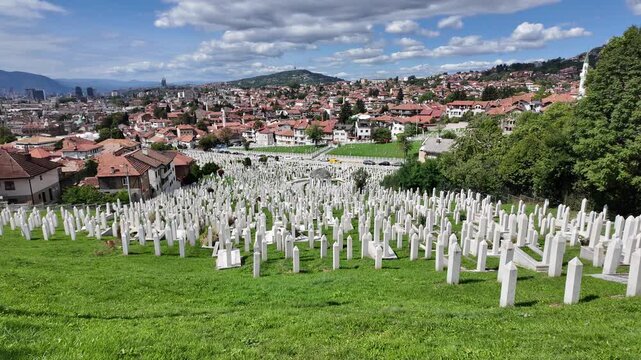 A view of the grave of Alija Izetbegovic and the Kovaci Martyrs' Cemetery in Sarajevo, Bosnia and Herzegovina.