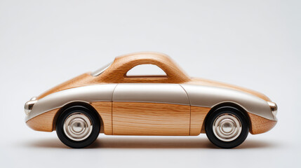 Wooden toy car isolated on white background creative craftsmanship kids toy minimalist product design handcrafted wood vehicle nursery decor concept