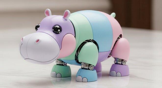 Adorable robotic hippopotamus toy features segmented pastel coloration and mechanical joints