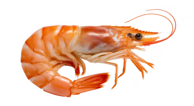Cooked shrimp with orange and white segments isolated on a transparent background