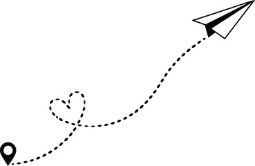 Paper airplane flying with dotted line path isolated on white background