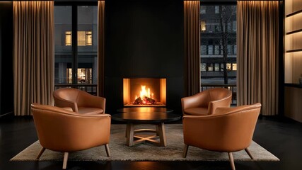 A cozy seating arrangement featuring stylish chairs and a warm fireplace creates an inviting atmosphere for relaxation and conversation