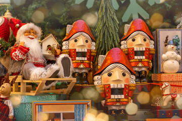 Festive Christmas display featuring Santa Claus, nutcrackers, and holiday decorations