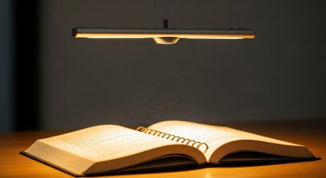 Modern illumination device casts warm light onto an open paper text