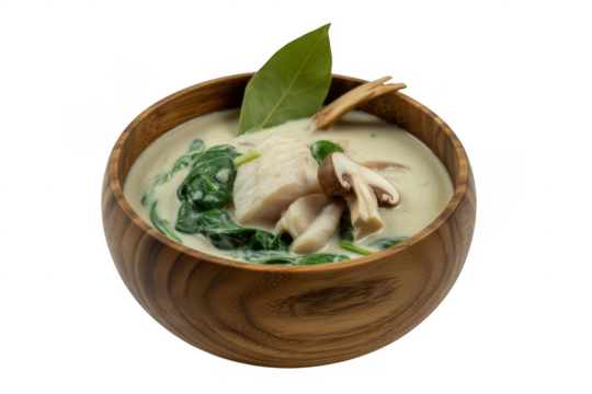 Creamy Fish Soup with Spinach and Mushroom in Wooden Bowl isolated on a transparent background