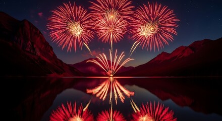 Vibrant red golden fireworks explode over serene mountain lake