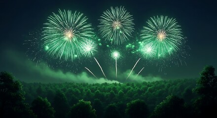 Fototapeta premium Green fireworks illuminate a misty forest night sky celebration