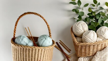 A relaxing session unfolds with cozy yarn, weaving tools, and greenery, inviting creativity and tranquility during warm daylight
