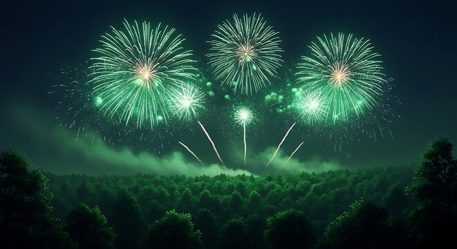 Green fireworks illuminate a misty forest night sky celebration