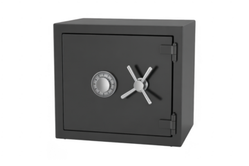 Dark gray metal safe with combination lock and silver handle isolated on a transparent background