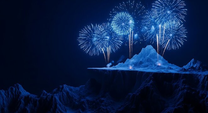 Blue fireworks burst over majestic icy mountains at night scene