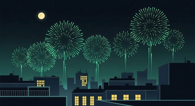 Night cityscape celebration with green fireworks and full moon
