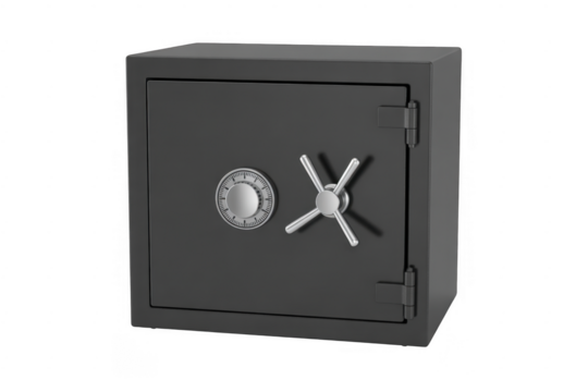 Dark gray metal safe with combination lock and silver handle isolated on a transparent background