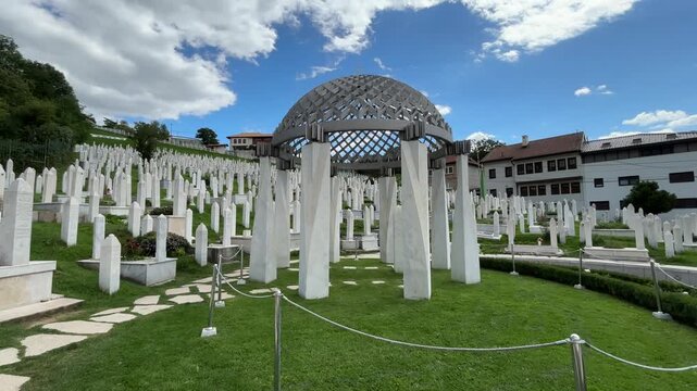 A view of the grave of Alija Izetbegovic and the Kovaci Martyrs' Cemetery in Sarajevo, Bosnia and Herzegovina.
