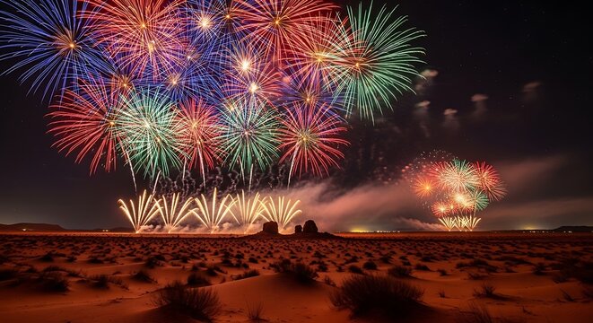 Spectacular fireworks bursting over desert landscape at nightfall
