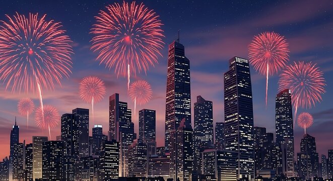City skyline with vibrant red fireworks display at twilight.