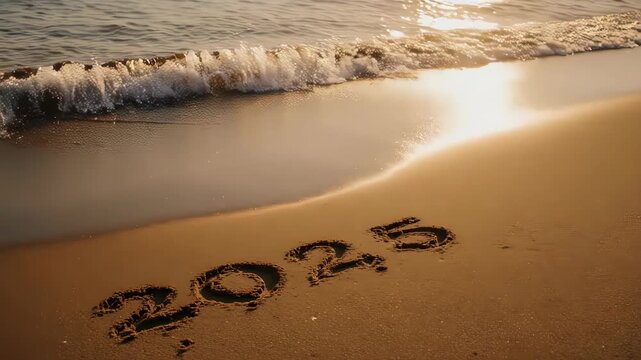 The Year 2025 Written on a Sandy Beach at Sunset.