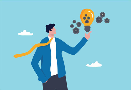 Innovation idea, creativity or imagination for business success, smart businessman presenting innovative lightbulb with cogs and gears to invent new technology to solve business problem