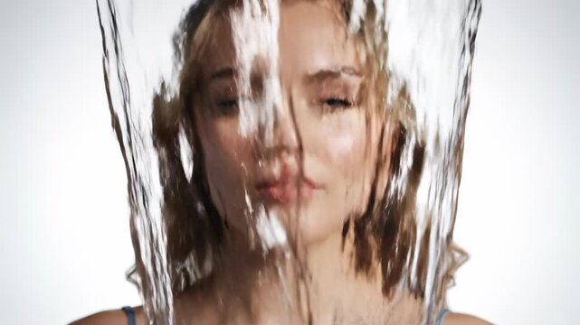Abstract concept of burnout and stress from digital chaos showing a woman's head exploding under a splash of water, representing overwhelming information overload, isolated on a white background