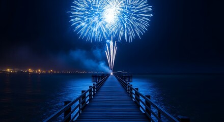 Brilliant blue fireworks exploding above a wooden pier at night
