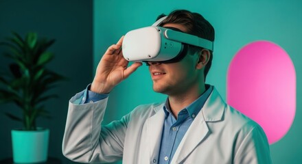 Young male scientist wearing virtual reality headset in a modern laboratory setting with teal lighting